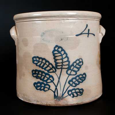 4 Gal. J. BURGER JR. / ROCHESTER Stoneware Crock w/ Slip-Trailed Foliate Decoration