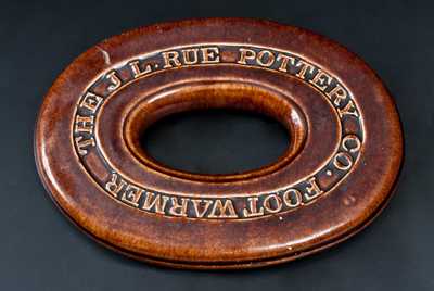 Rare Rockingham J. L. RUE POTTERY FOOTWARMER, Matawan, NJ, circa 1881