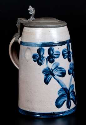 Exceptional Large-Sized Baltimore Stoneware Mug w/ Profuse Cobalt Clover Decoration