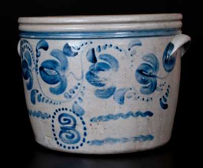 Rare Three-Gallon Western PA Stoneware Bowl w/ Profuse Cobalt Fuchsia Decoration