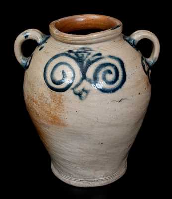 Exceptional Vertical-Handled Stoneware Jar w/ Watchspring Design, Manhattan or Cheesequake, NJ, c1775