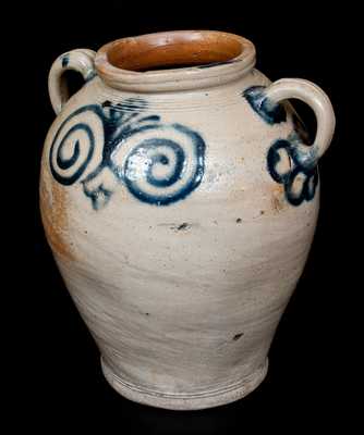 Exceptional Vertical-Handled Stoneware Jar w/ Watchspring Design, Manhattan or Cheesequake, NJ, c1775