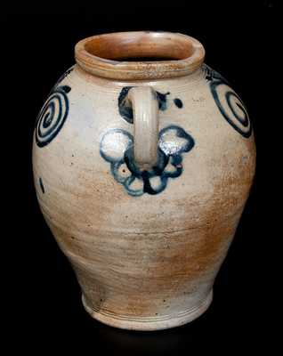 Exceptional Vertical-Handled Stoneware Jar w/ Watchspring Design, Manhattan or Cheesequake, NJ, c1775