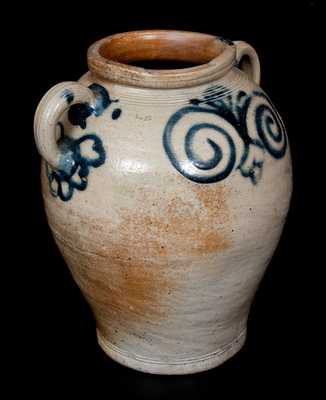 Exceptional Vertical-Handled Stoneware Jar w/ Watchspring Design, Manhattan or Cheesequake, NJ, c1775