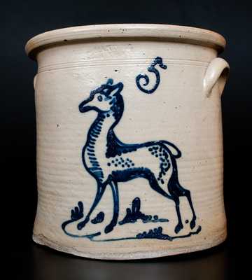 Outstanding Five-Gallon  PENN YAN, NY Stoneware Crock with Cobalt Fawn / Deer Decoration