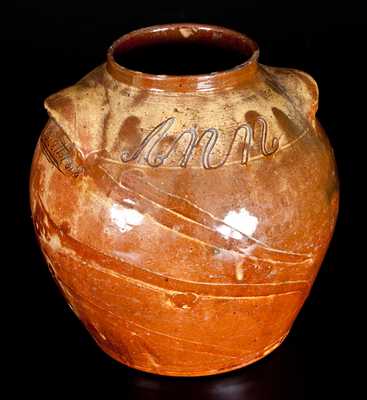 Thomas Vickers, Chester County, PA Redware Jar, Ann Frame / When this you see remember me / 9th mo. 28th 1818