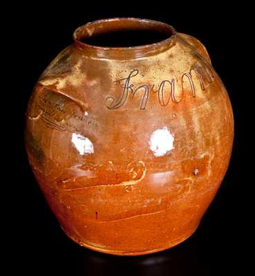 Exceptional Thomas Vickers, Chester County, PA, Redware Jar Inscribed 