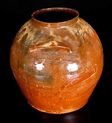 Exceptional Thomas Vickers, Chester County, PA, Redware Jar Inscribed 