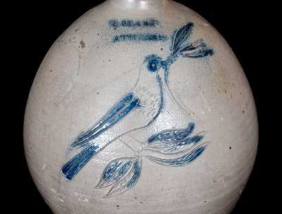 Very Rare N. CLARK / ATHENS Stoneware Jug Cooler with Incised Bird Decoration