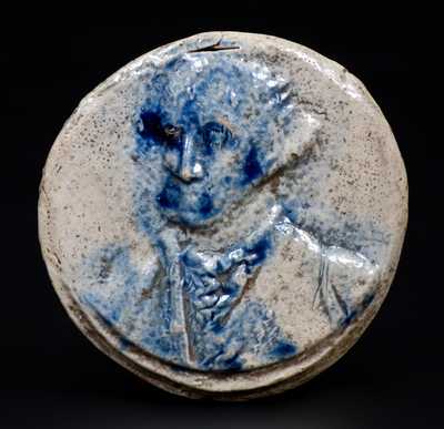 Extremely Rare Cobalt-Decorated Stoneware Medallion w/ Relief Bust of George Washington