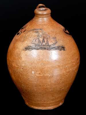 Exceedingly Rare Stoneware Jug w/ Incised Ship, attrib. Crolius, Manhattan, NY, circa 1810-20