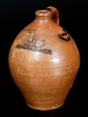 Exceedingly Rare Stoneware Jug w/ Incised Ship, attrib. Crolius, Manhattan, NY, circa 1810-20