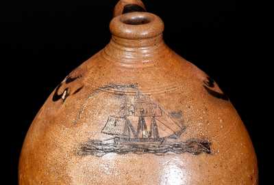 Exceedingly Rare Stoneware Jug w/ Incised Ship, attrib. Crolius, Manhattan, NY, circa 1810-20