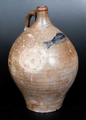 Two-Gallon BOSTON Stoneware Jug w/ Impressed Fish Decoration, late 18th century