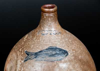 Two-Gallon BOSTON Stoneware Jug w/ Impressed Fish Decoration, late 18th century