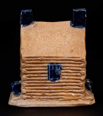 Rare Cobalt-Decorated Stoneware Log Cabin Bank, attrib. Thomas Haig, Jr., Philadelphia, PA, c1845-55