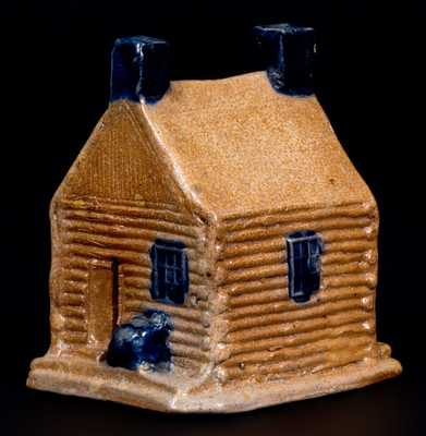 Rare Cobalt-Decorated Stoneware Log Cabin Bank, attrib. Thomas Haig, Jr., Philadelphia, PA, c1845-55