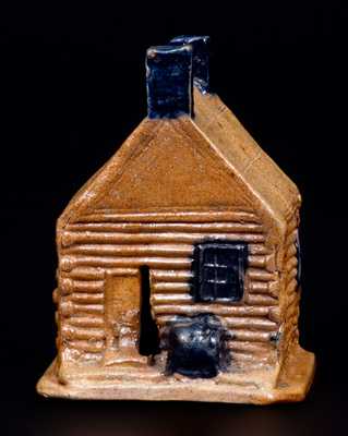 Rare Cobalt-Decorated Stoneware Log Cabin Bank, attrib. Thomas Haig, Jr., Philadelphia, PA, c1845-55