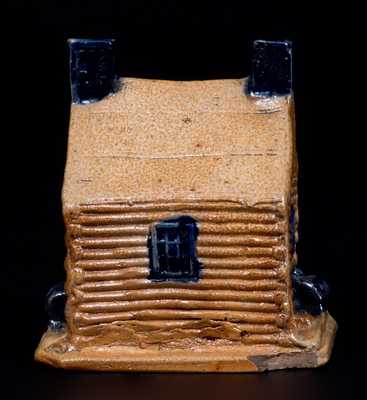 Rare Cobalt-Decorated Stoneware Log Cabin Bank, attrib. Thomas Haig, Jr., Philadelphia, PA, c1845-55