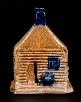 Rare Cobalt-Decorated Stoneware Log Cabin Bank, attrib. Thomas Haig, Jr., Philadelphia, PA, c1845-55