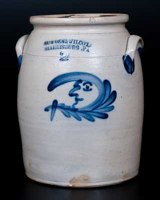 COWDEN & WILCOX. / HARRISBURG. PA Two-Gallon Stoneware Jar w/ Man-in-the-Moon Decoration