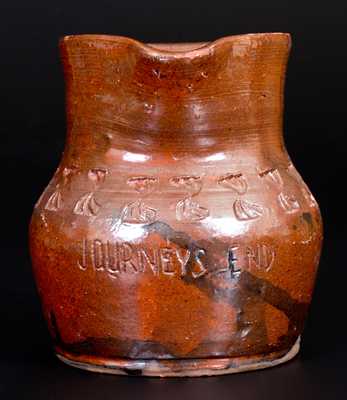 Unusual Henry Schofield (Cecil County, MD) Redware Pitcher Impressed JOURNEY S END