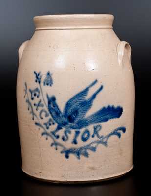 6 Gal. Stoneware Jar w/ Bird Design and EXCELSIOR in Banner att. Seymour & Bosworth, Hartford, CT