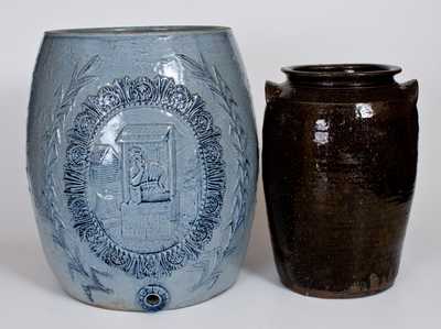 Lot of Two: Robinson Clay Products Molded Stoneware Water Cooler, Southern Alkaline-Glazed Stoneware Jar