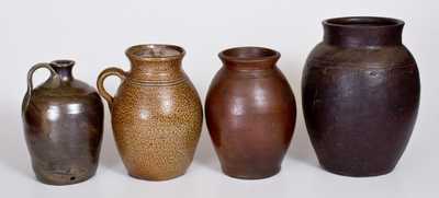 Lot of Four: Two Crocks w/ Alkaline Glaze, Small Stoneware Jug att. NC, and possibly Boston Jar