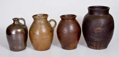 Lot of Four: Two Crocks w/ Alkaline Glaze, Small Stoneware Jug att. NC, and possibly Boston Jar