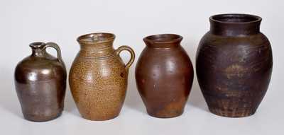 Lot of Four: Two Crocks w/ Alkaline Glaze, Small Stoneware Jug att. NC, and possibly Boston Jar
