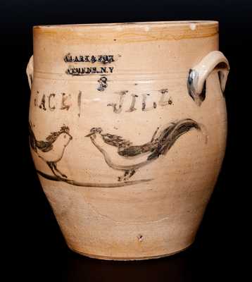 Unique CLARK & FOX / ATHENS, NY Stoneware Jar w/ Cobalt Chickens Inscribed 