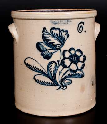 Fine Six-Gallon JOHN BURGER / ROCHESTER Stoneware Crock w/ Cobalt Floral Decoration