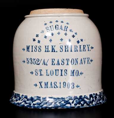 Very Rare Spongeware Presentation SUGAR Jar with XMAS 1903 Inscription
