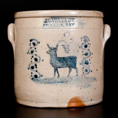 Rare "J.C. WAELDE / NORTH BAY Stoneware Crock w/ Stenciled Cobalt Deer Decoration