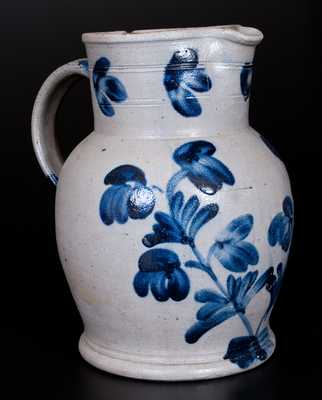 One-Gallon Remmey, Philadelphia Stoneware Pitcher with Cobalt Floral Decoration