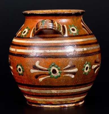 Very Rare Alamance County, NC Southern Redware Sugar Jar w/ Profuse Three-Color Slip Decoration