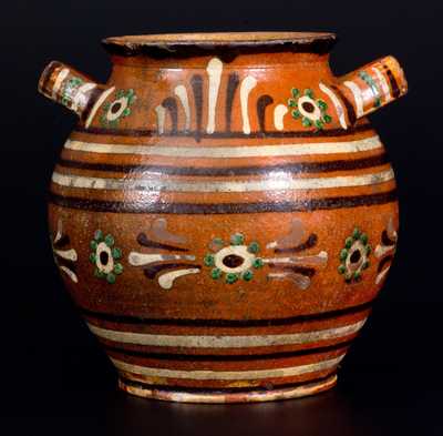 Very Rare Alamance County, NC Southern Redware Sugar Jar w/ Profuse Three-Color Slip Decoration