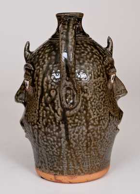 Alkaline-Glazed Double-Face Jug with Horns, Signed "A.G. Meaders", Alva Gusta Meaders, Georgia, c1985