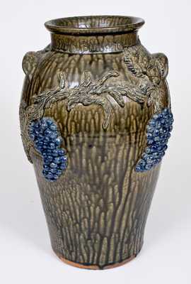 Large-Sized Alkaline-Glazed Stoneware Churn with Applied Grapes Decoration, Cleater & Billie Meaders, 1992
