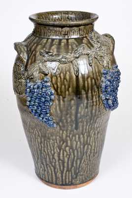 Large-Sized Alkaline-Glazed Stoneware Churn with Applied Grapes Decoration, Cleater & Billie Meaders, 1992