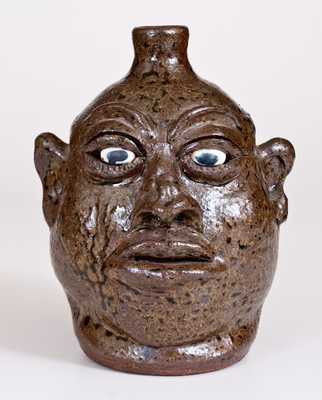 Alkaline-Glazed Stoneware Face Jug, Signed and Dated