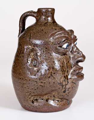 Alkaline-Glazed Stoneware Face Jug, Signed and Dated 