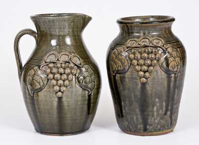 Two Pieces of Alkaline-Glazed Stoneware w/ Applied Grapes Decoration, John Meaders, 1992