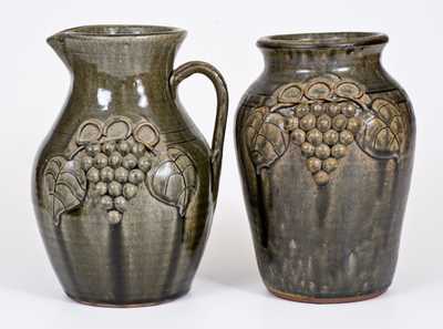 Two Pieces of Alkaline-Glazed Stoneware w/ Applied Grapes Decoration, John Meaders, 1992