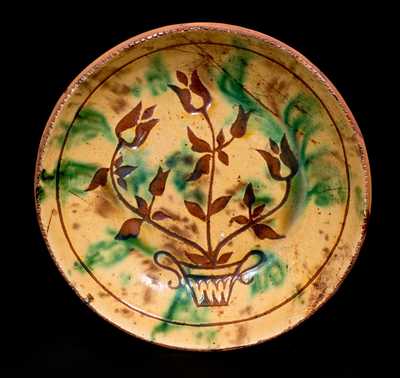 Redware Plate w/ Sgraffito Flowering Urn Decoration, attrib. Jacob Medinger, Montgomery County, PA c1930