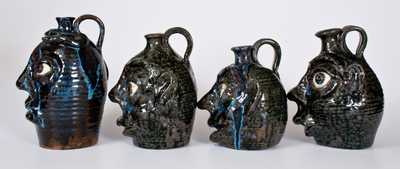 Four Alkaline-Glazed Stoneware Face Jugs, W.A. Flowers, Almond, NC, late 20th century