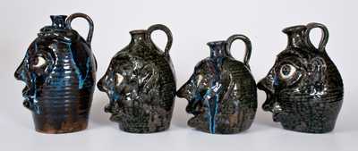 Four Alkaline-Glazed Stoneware Face Jugs, W.A. Flowers, Almond, NC, late 20th century