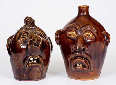 Two Brown Pottery Stoneware Face Jugs, Arden, NC origin, late 20th century