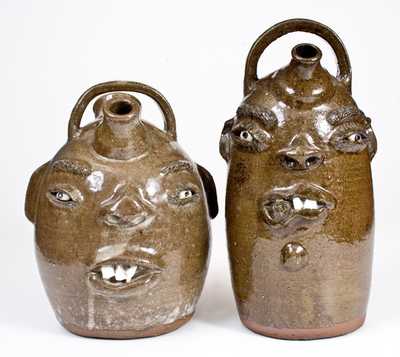 Two Alkaline-Glazed Face Harvest Jugs, Signed 